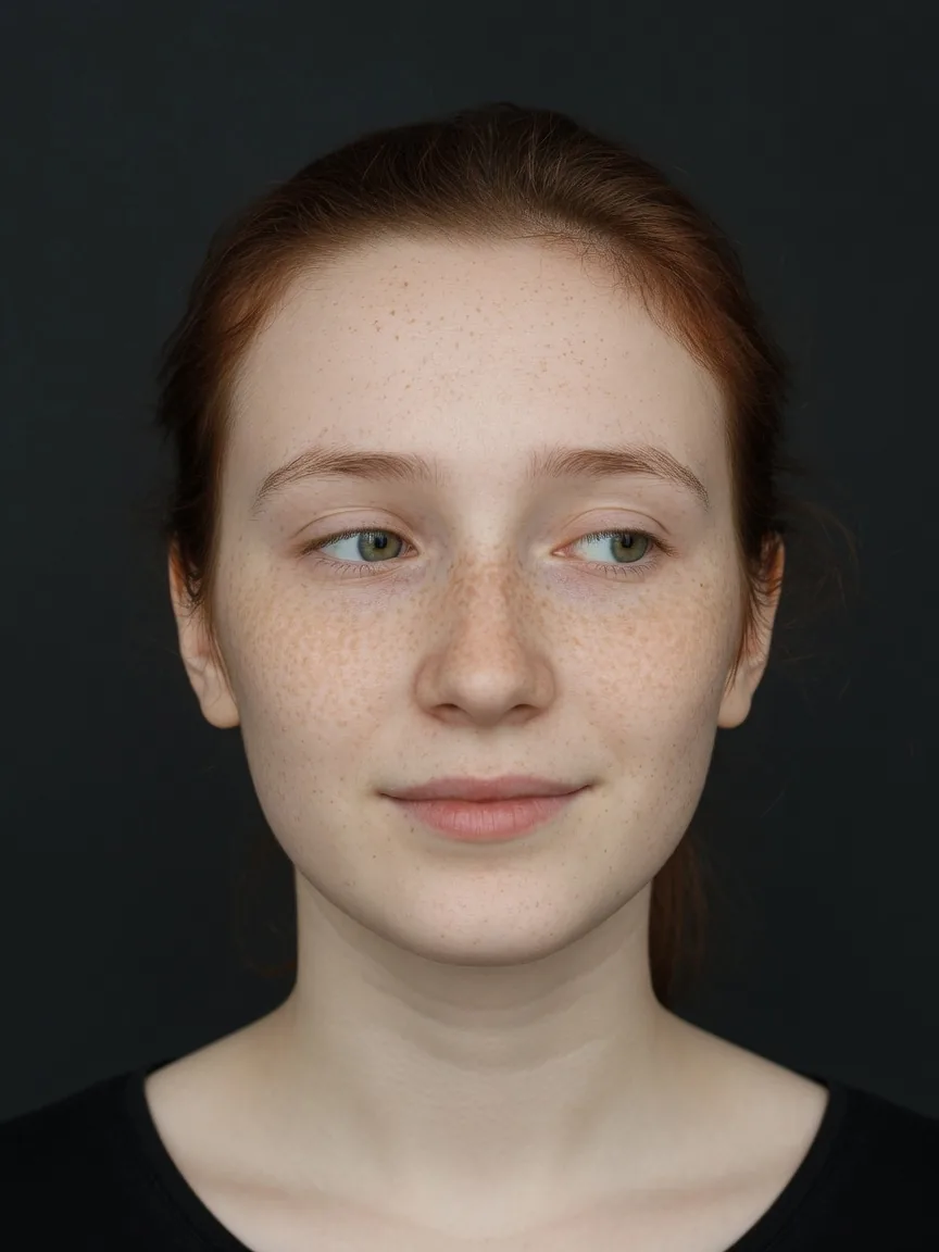 Clear freckled front portrait for AI face analysis