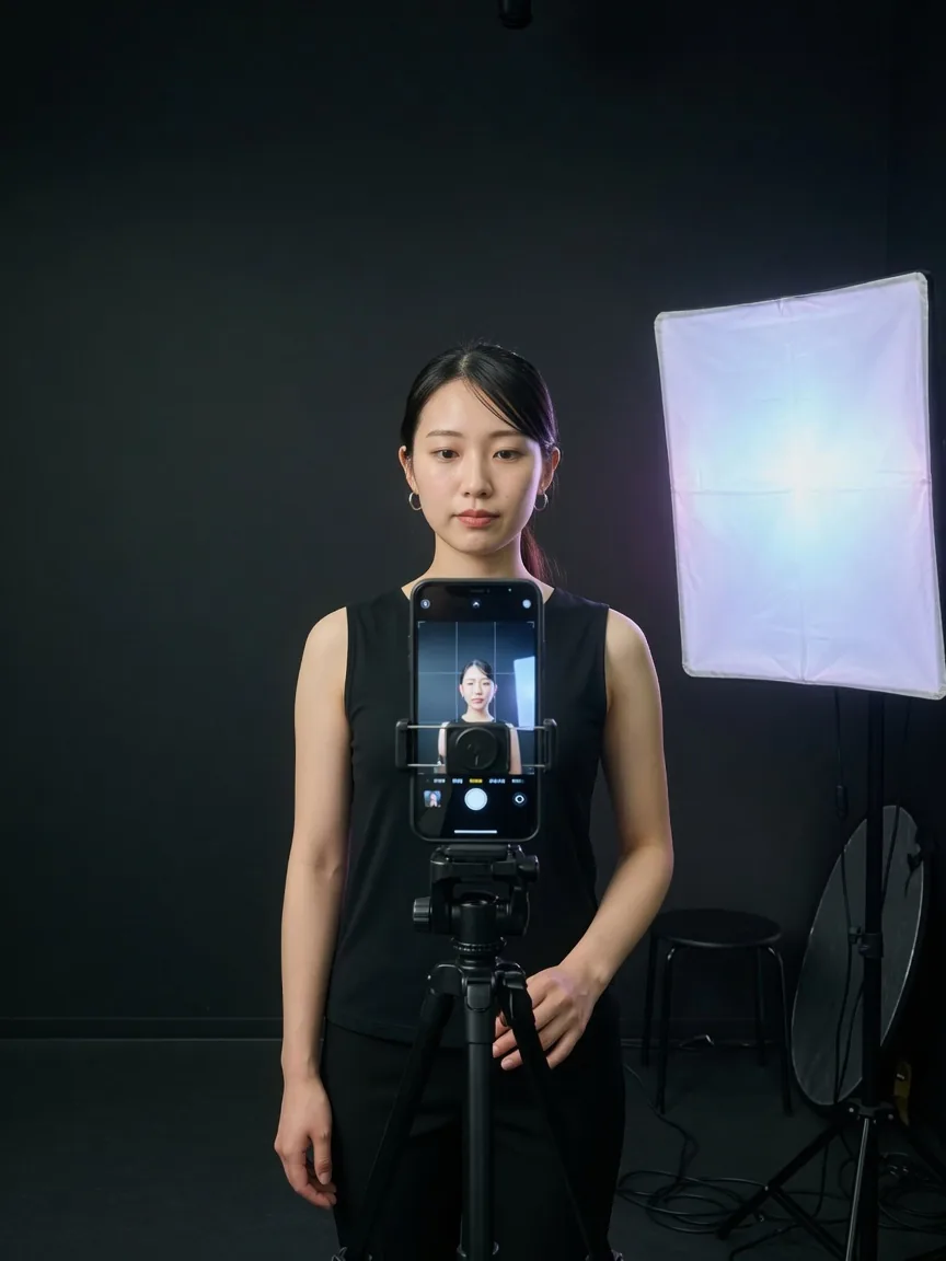 Front photo capture with tripod and soft light panel