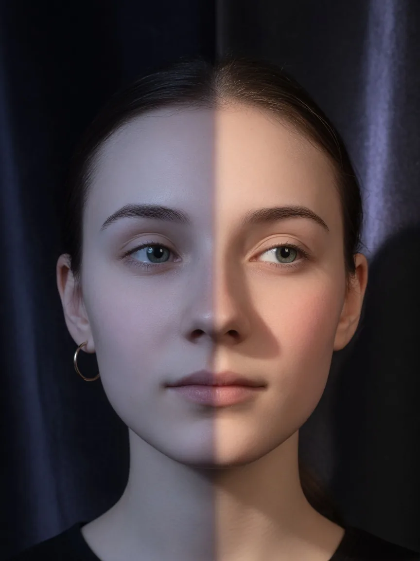 Soft-lit face study for left-right symmetry reading