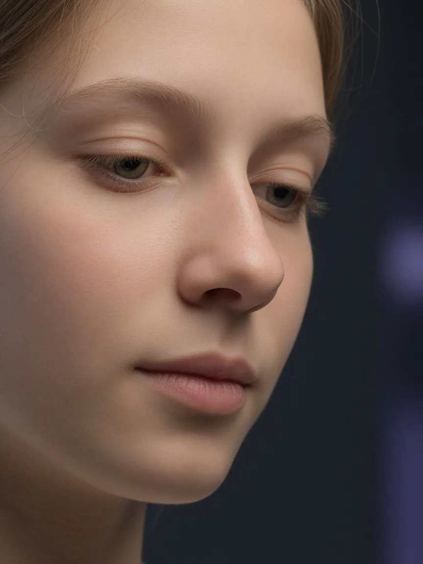 Soft editorial portrait for nasal proportion cues