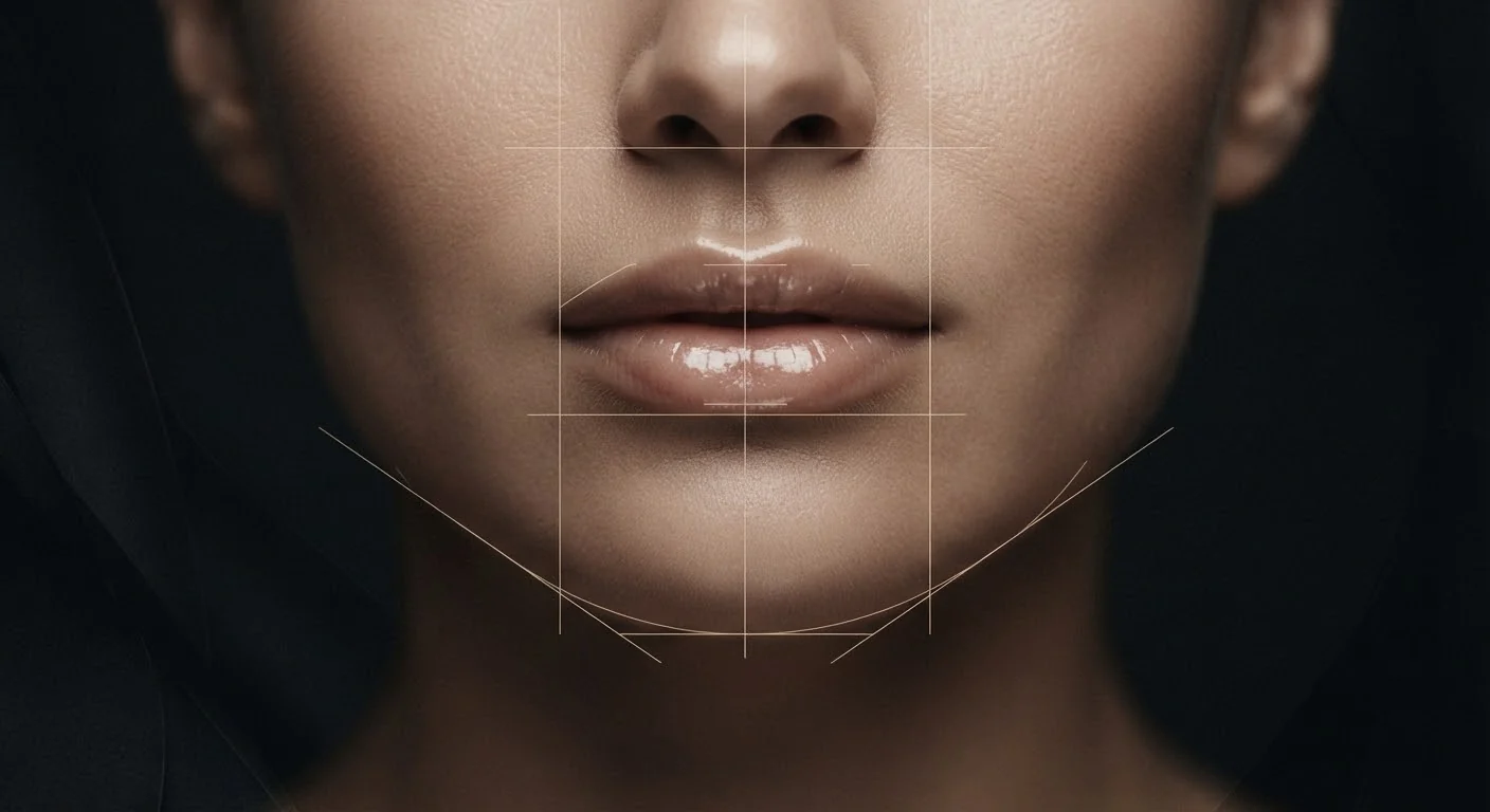 Facial features with golden-ratio geometric overlay