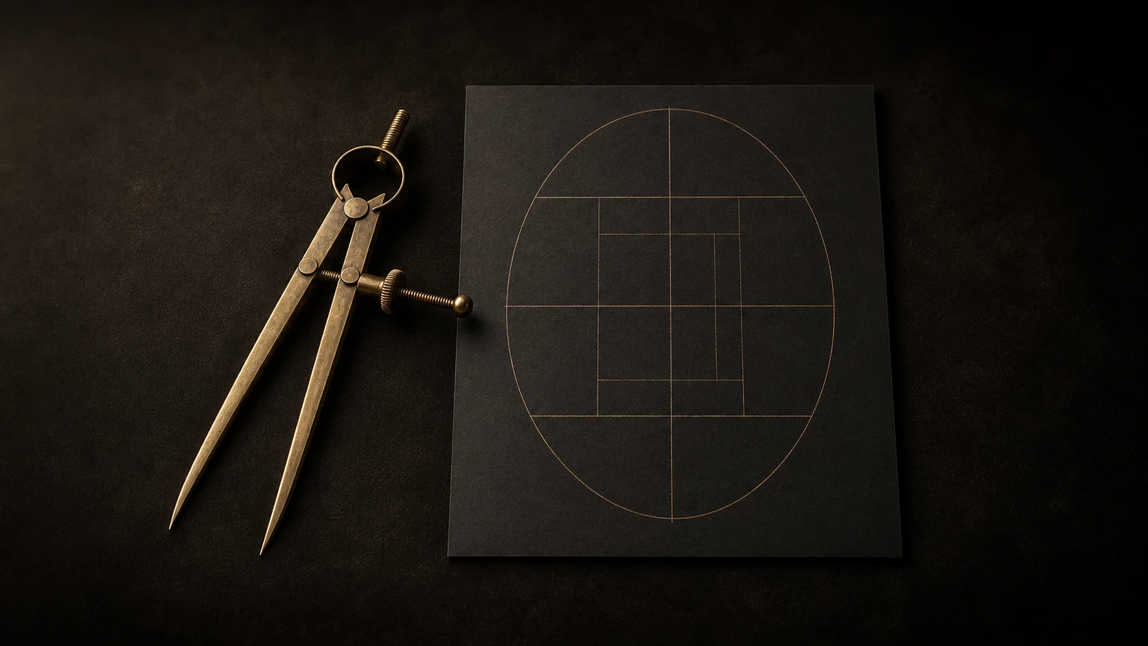 Atelier still life: brass calipers and a geometric proportion study on dark paper