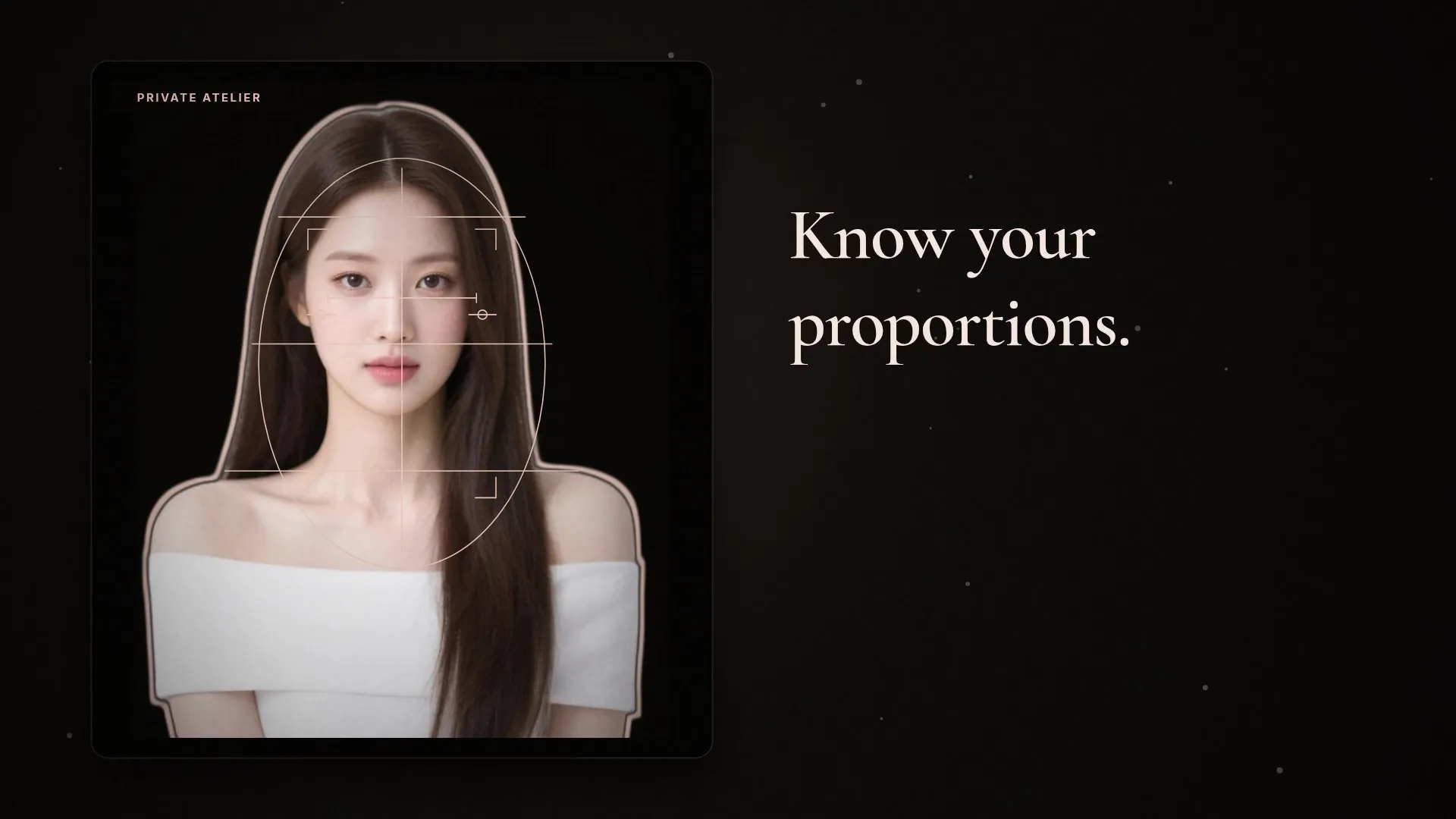 Front-facing portrait with landmark guides on a dark atelier background, beside the words Know your proportions.